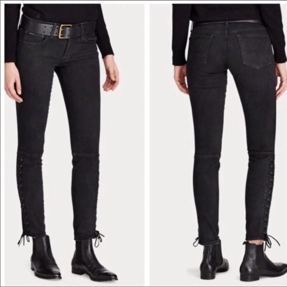 Polo Ralph Lauren The Tompkins Skinny Jeans Womens 25 Lace Up Black Coated Denim - Picture 2 of 14